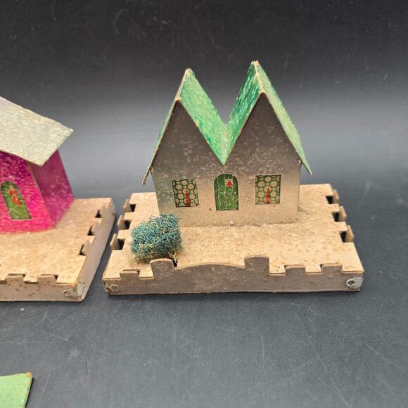 Vintage Paper Putz Houses Set of 4 Glitter Mica Christmas Village - Picture 3 of 11